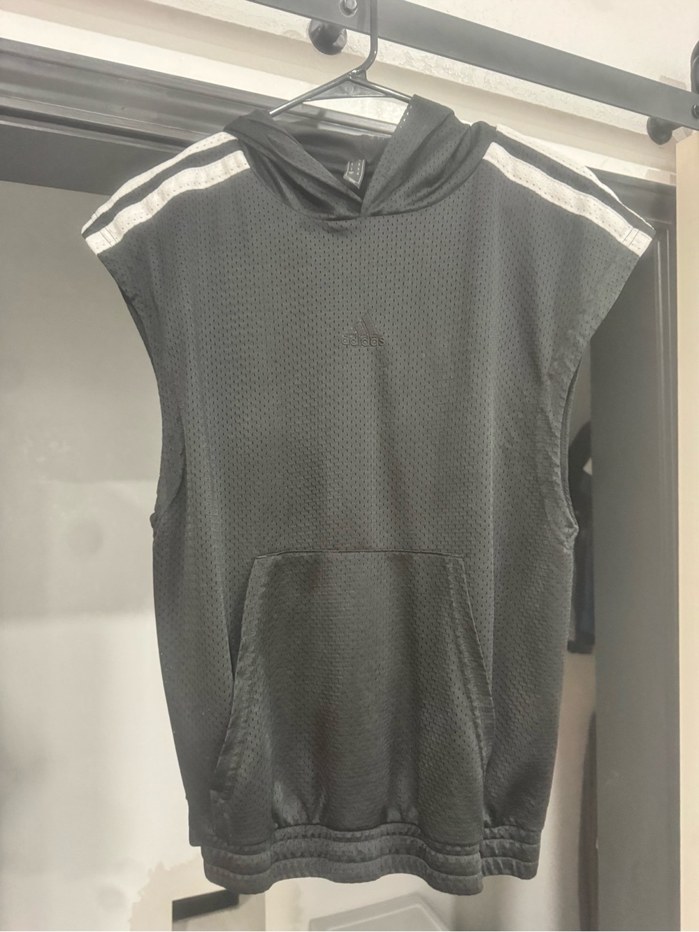 adidas Black Sleeveless Hooded Top with White Shoulder Stripes